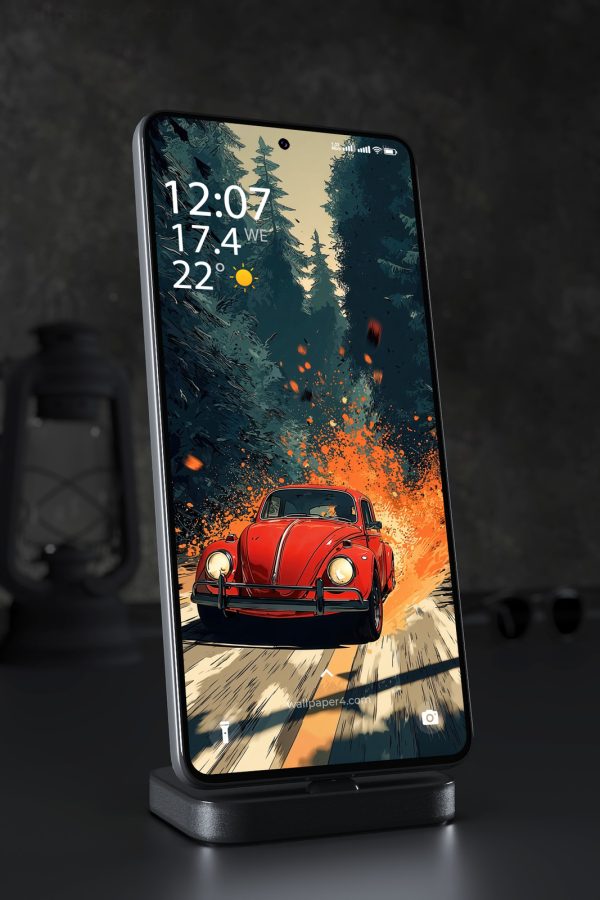 Phone Wallpaper 3528 - Red Vintage Beetle Car Forest Adventure Art