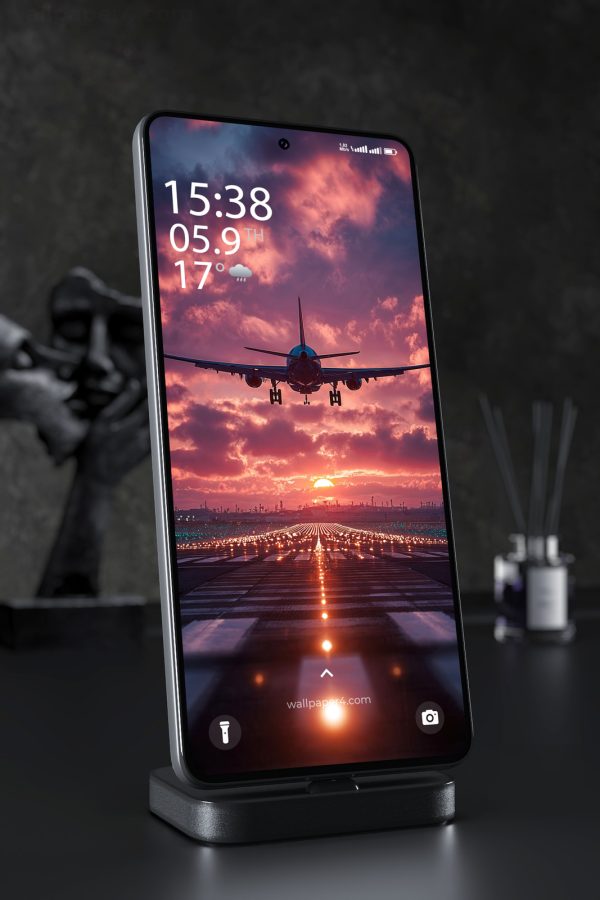 Phone Wallpaper 3545 - Airplane Sunset Landing Over Runway Lights