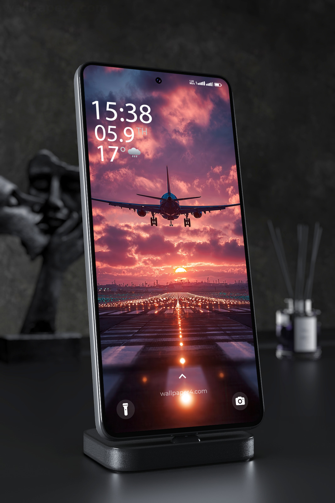 Phone Wallpaper 3545 - Airplane Sunset Landing Over Runway Lights