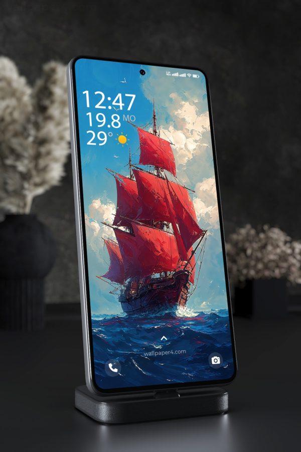Phone Wallpaper 3557 - Red Sail Ship on the Open Ocean