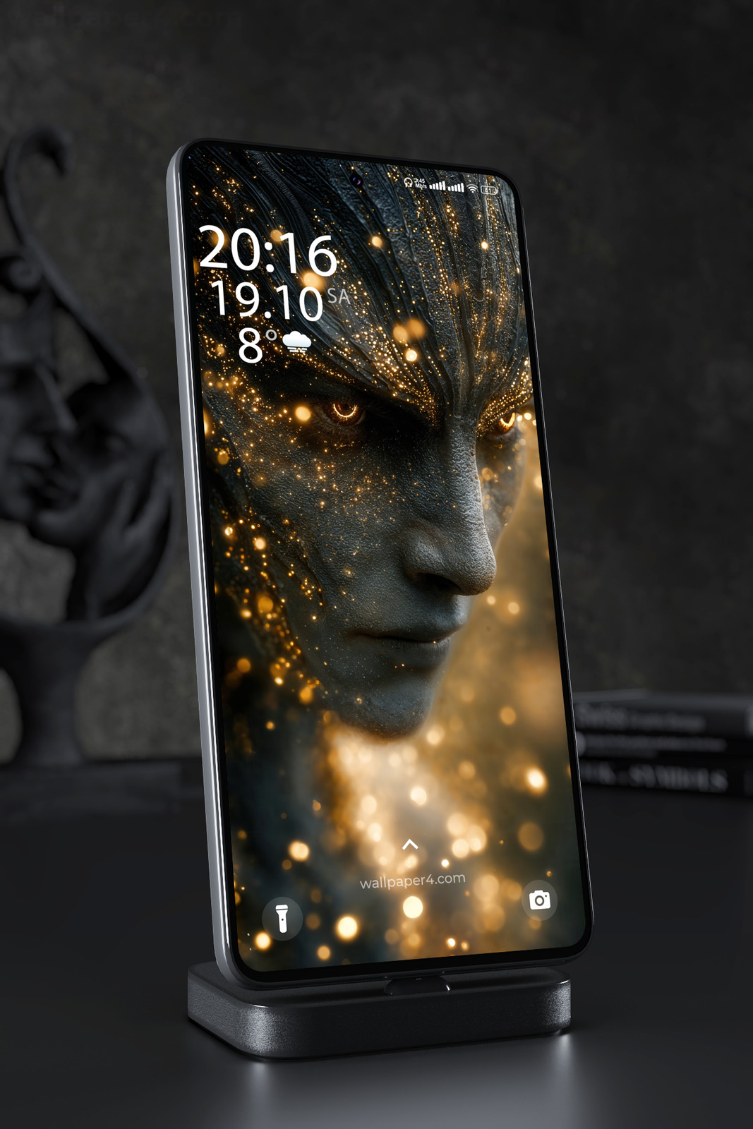 Phone Wallpaper 3563 - Glowing Alien Portrait Dark Gold Sci Fi Art
