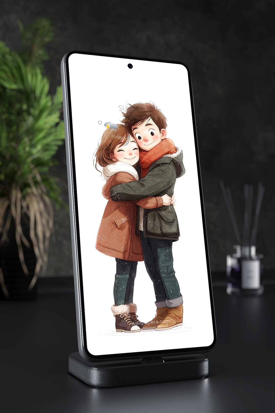 Mobile Wallpaper 3588 - Cute Anime Winter Couple Hug in Soft Snow