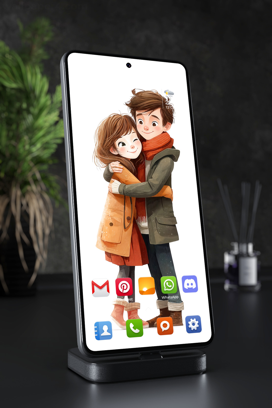 Mobile Wallpaper 3588 - Cute Anime Winter Couple Hug in Soft Snow