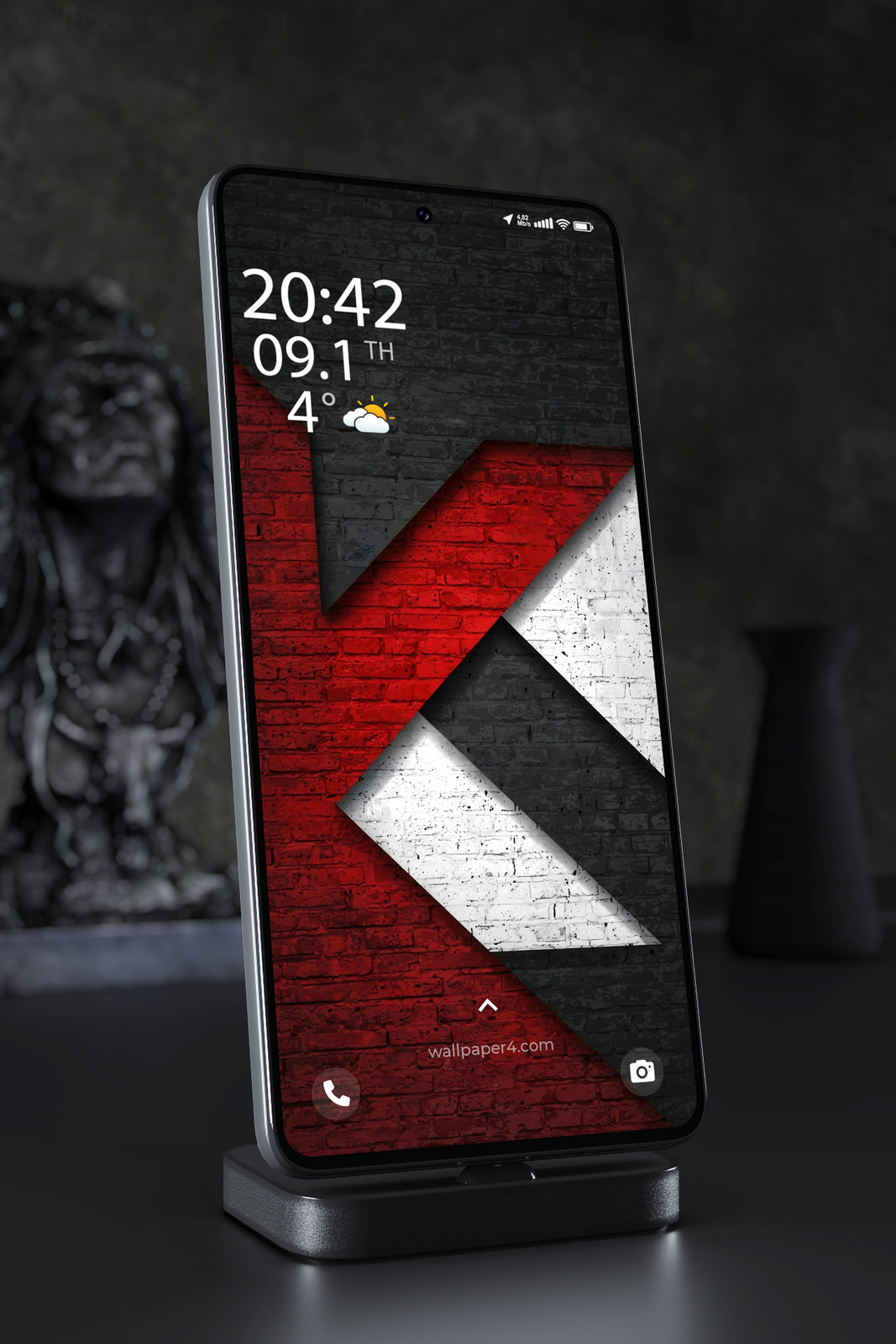Phone Wallpaper 3638 - Red Black Geometric Brick Wall Abstract Art