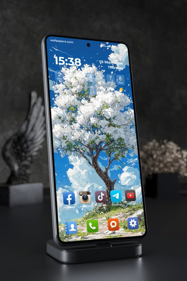 Phone Wallpaper 3657 - White Blossom Tree Under Bright Blue Sky Art