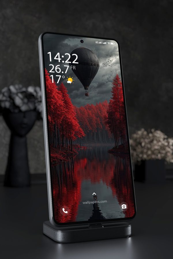 Phone Wallpaper 3715 - Dark Hot Air Balloon Over Red Forest Lake