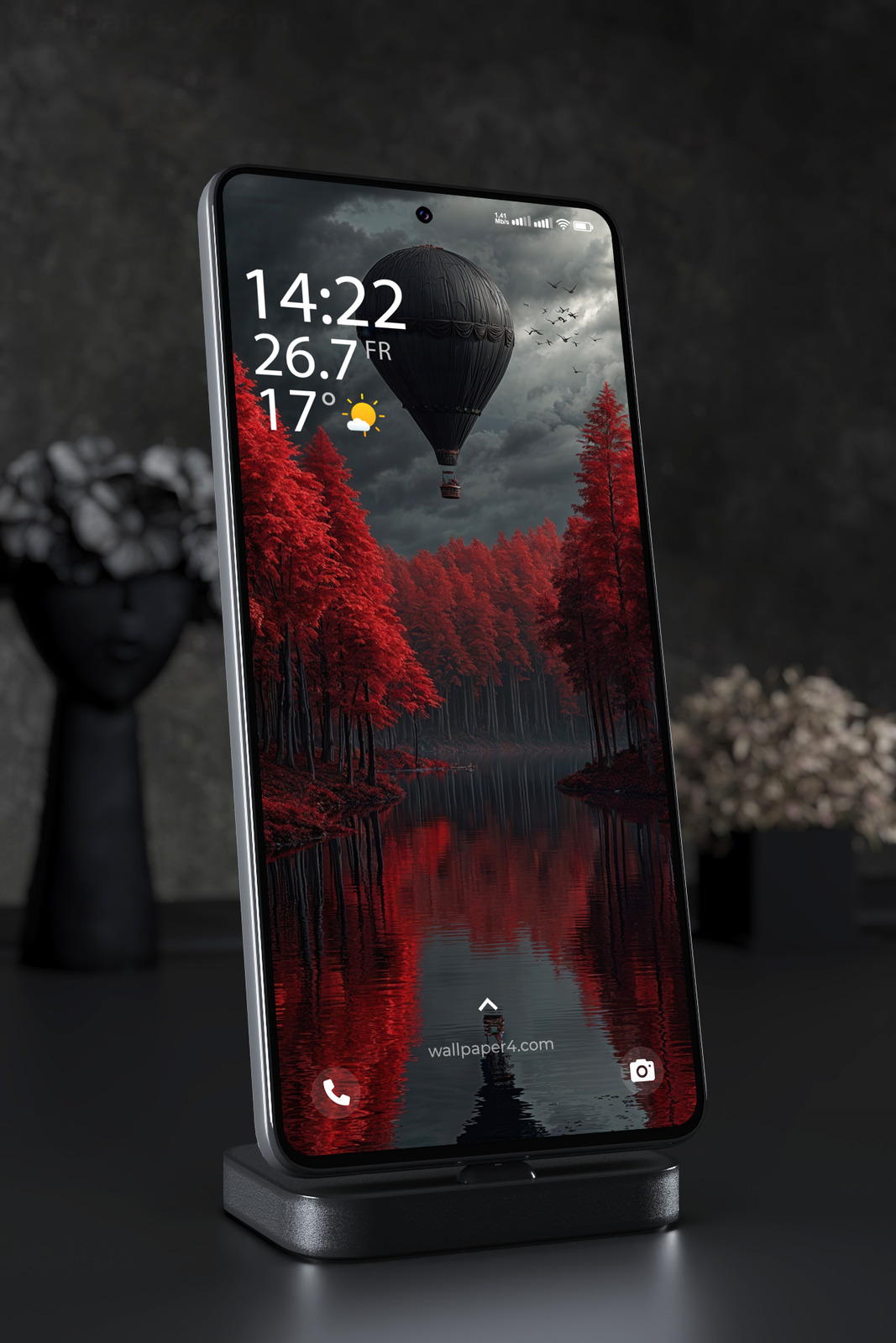 Phone Wallpaper 3715 - Dark Hot Air Balloon Over Red Forest Lake
