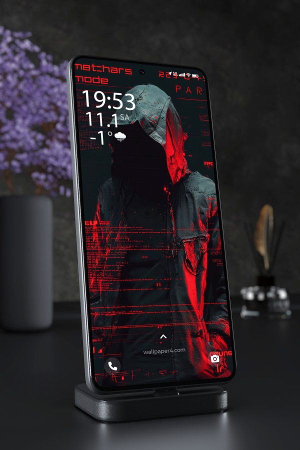 Phone Wallpaper 3730 - Cyberpunk Hooded Hacker in Red Neon