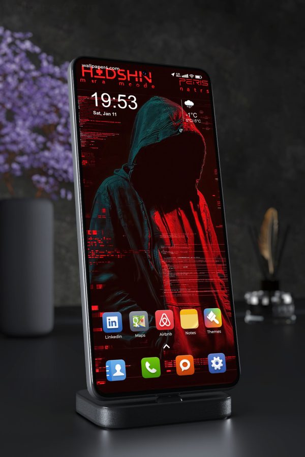 Mobile Wallpaper 3730 - Cyberpunk Hooded Hacker in Red Neon