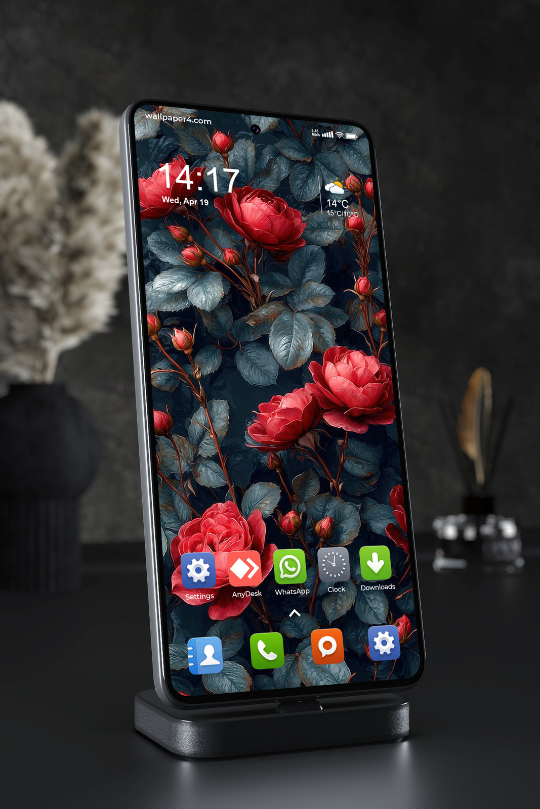 Phone Wallpaper 3779 - Dark Red Roses with Moody Blue Leaves