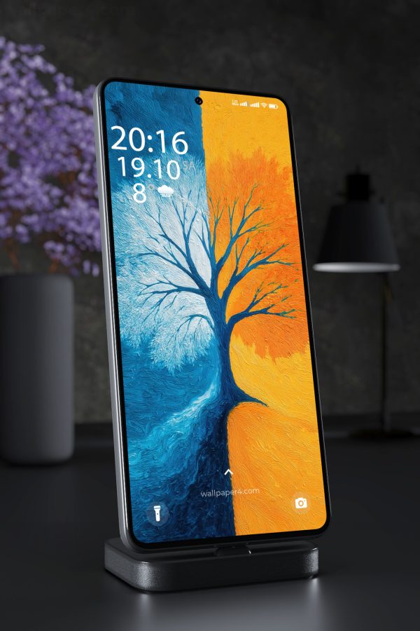 Phone Wallpaper 3828 - Blue and Yellow Abstract Tree Seasonal Painting