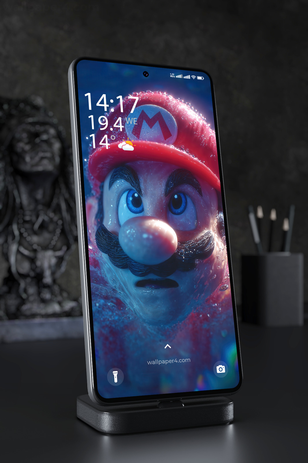 Phone Wallpaper 3904 - Mario Underwater 3D Portrait with Neon Glow