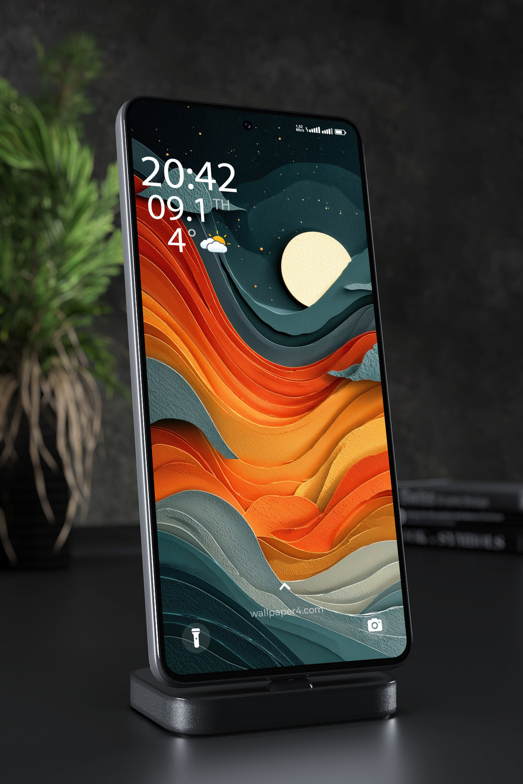 Mobile Wallpaper 3949 - Layered Paper Sunset Over Teal Mountain Waves Art