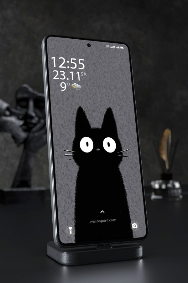 Phone Wallpaper 3952 - Cute Black Cat Minimalist Dark Aesthetic Art