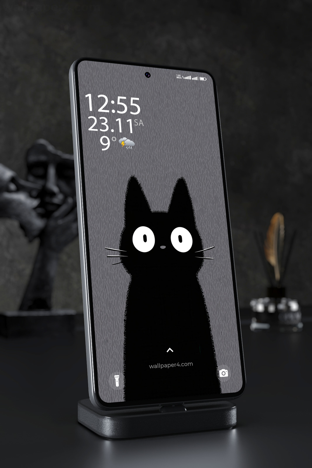 Phone Wallpaper 3952 - Cute Black Cat Minimalist Dark Aesthetic Art