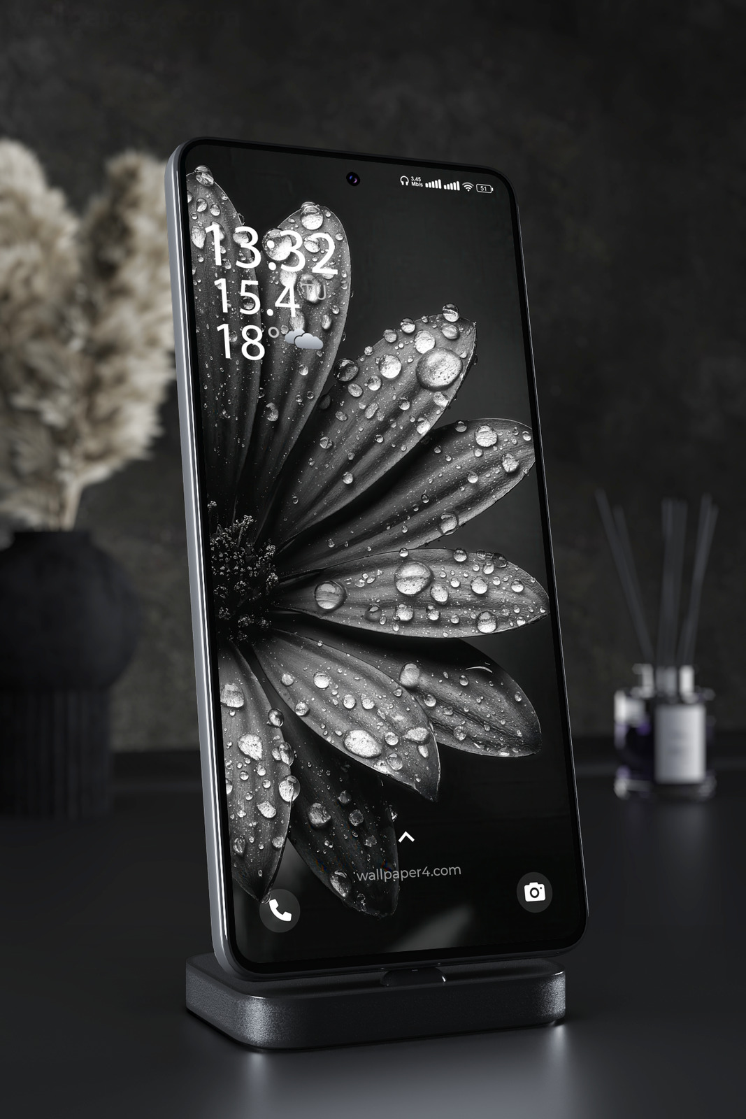Phone Wallpaper 3972 - Black Daisy with Dew Drops Dark Floral Macro