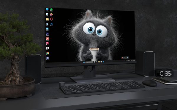 Desktop Wallpaper 4652 - Wide Eyed Coffee Cat 4K Dark Desktop Wallpaper