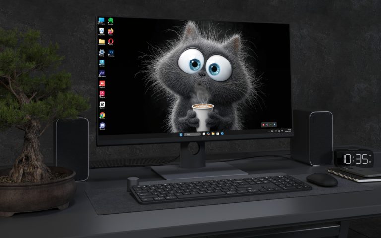 Desktop Wallpaper 4652 - Wide Eyed Coffee Cat 4K Dark Desktop Wallpaper