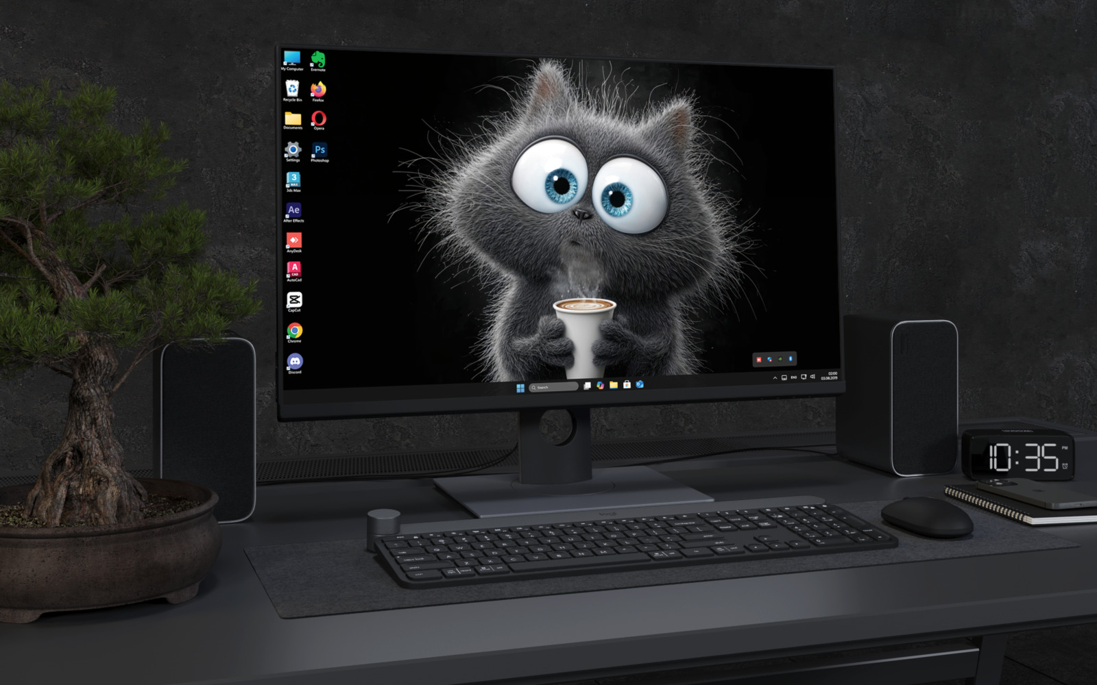 Desktop Wallpaper 4652 - Wide Eyed Coffee Cat 4K Dark Desktop Wallpaper