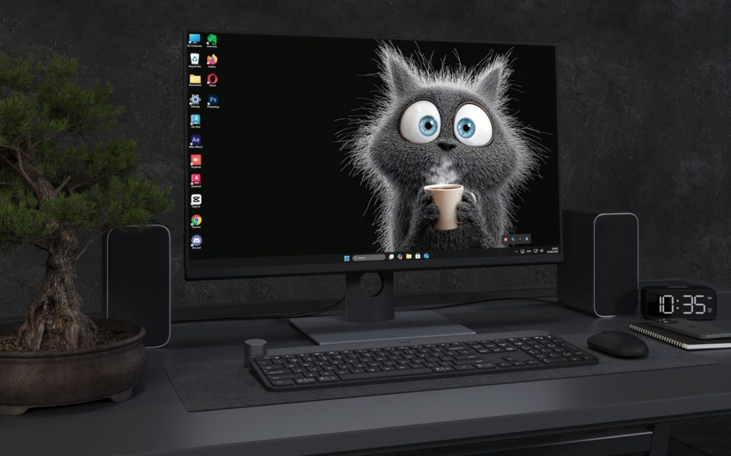 Laptop Wallpaper 4648 - Wide Eyed Coffee Cat 4K Dark Desktop Wallpaper