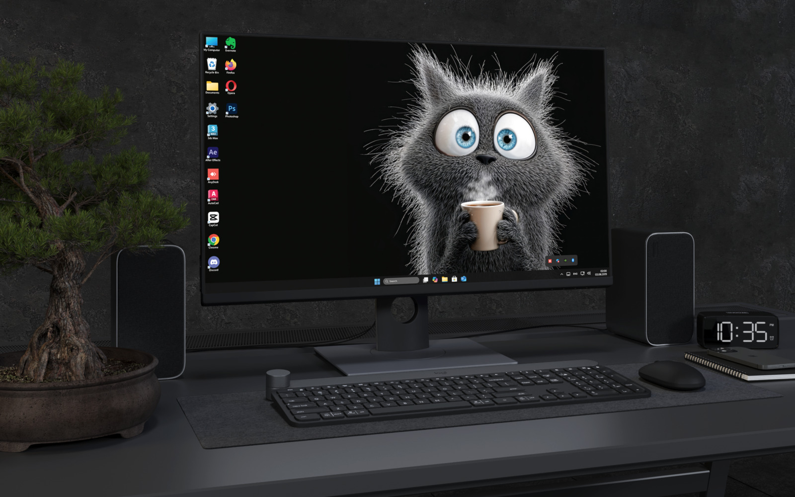 Laptop Wallpaper 4648 - Wide Eyed Coffee Cat 4K Dark Desktop Wallpaper