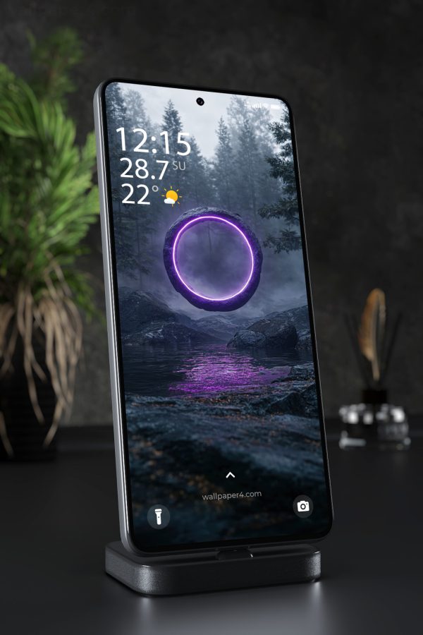 Phone Wallpaper 4045 - Mystic Neon Portal Over a Foggy Forest Lake