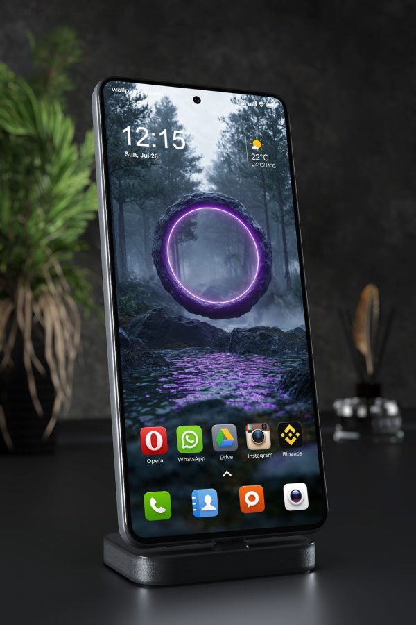 Mobile Wallpaper 4045 - Mystic Neon Portal Over a Foggy Forest Lake