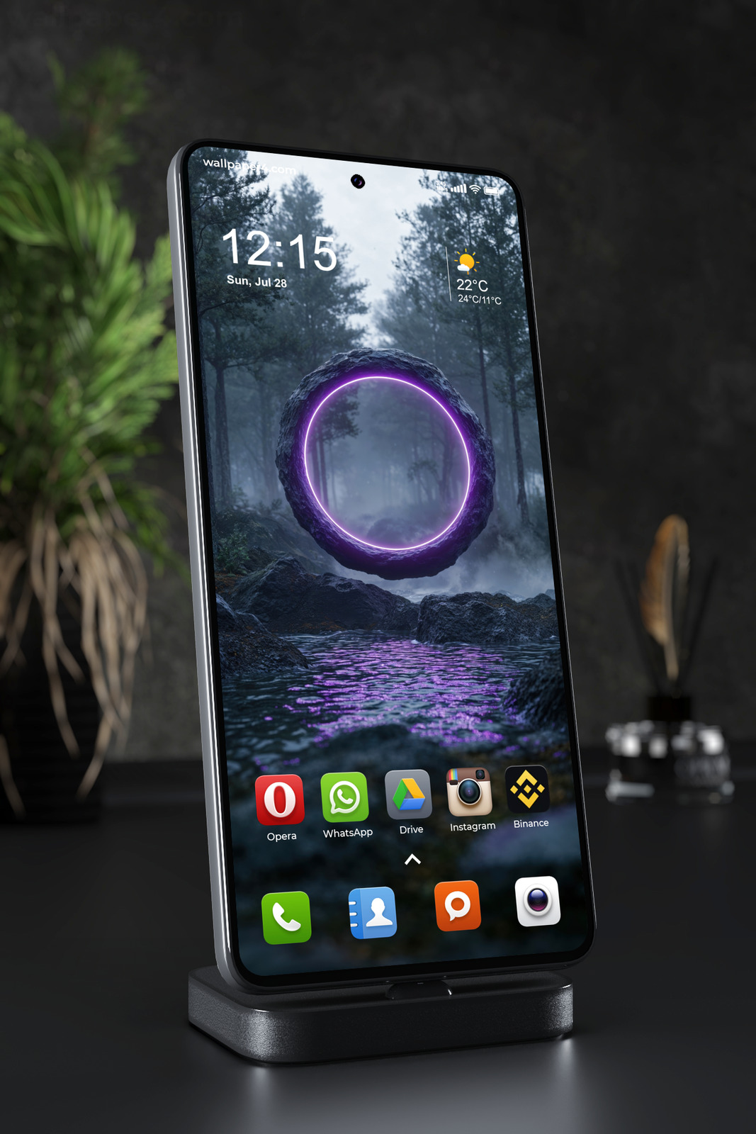 Mobile Wallpaper 4045 - Mystic Neon Portal Over a Foggy Forest Lake