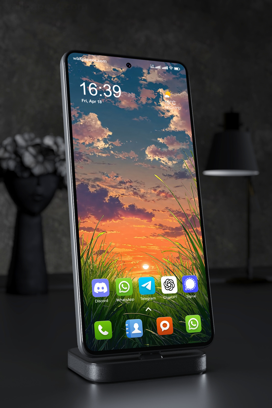 Phone Wallpaper 4054 - Anime Sunset Meadow with Glowing Cloud Sky