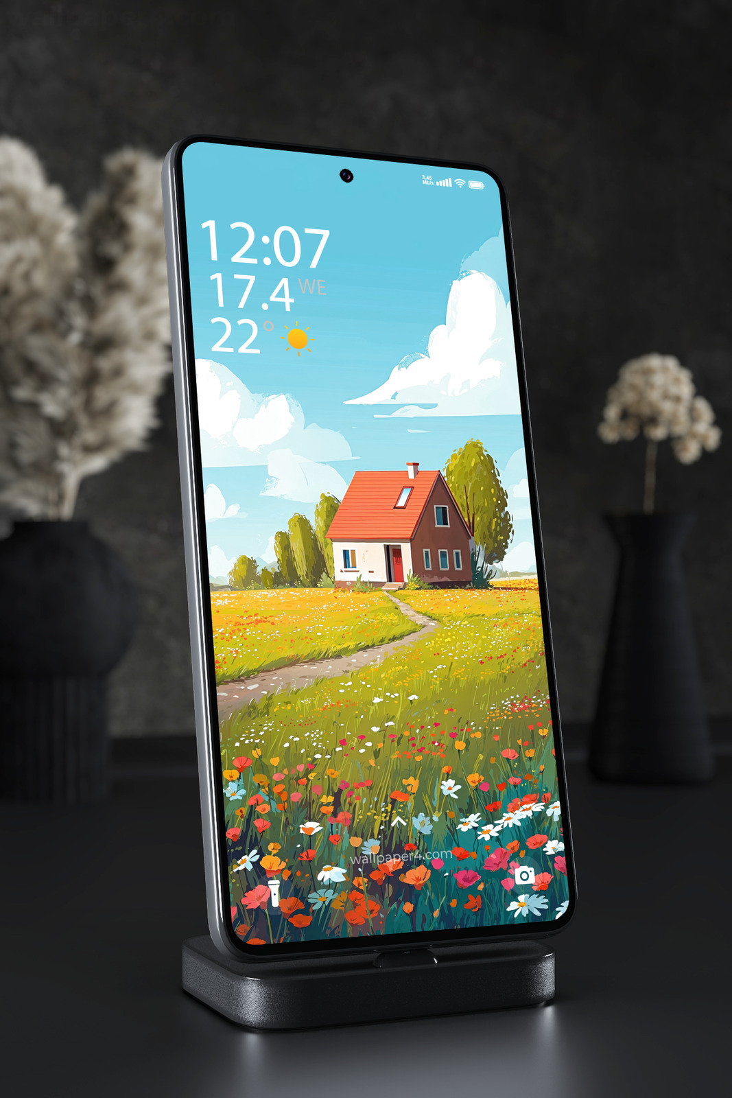 Phone Wallpaper 4060 - Sunny Cottage in Wildflower Meadow Illustration