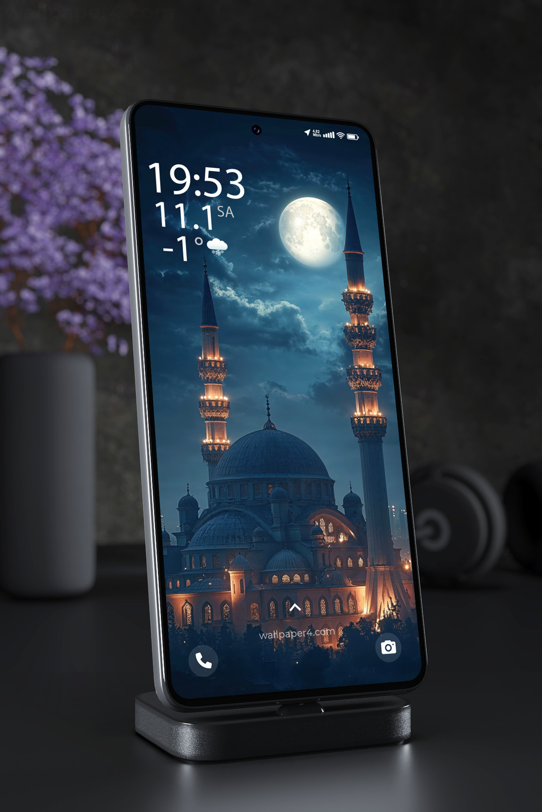Phone Wallpaper 4065 - Moonlit Mosque Under Starry Night Sky