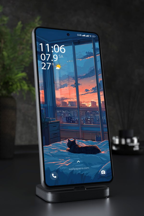 Mobile Wallpaper 4076 - Sleeping Cat by Sunset City Window Anime Art