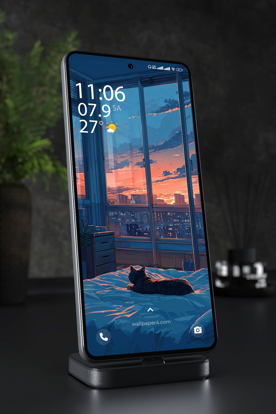 Mobile Wallpaper 4076 - Sleeping Cat by Sunset City Window Anime Art