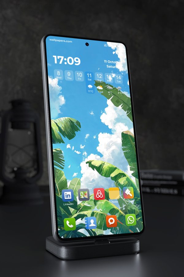 Phone Wallpaper 4079 - Anime Tropical Leaves Under a Clear Blue Sky