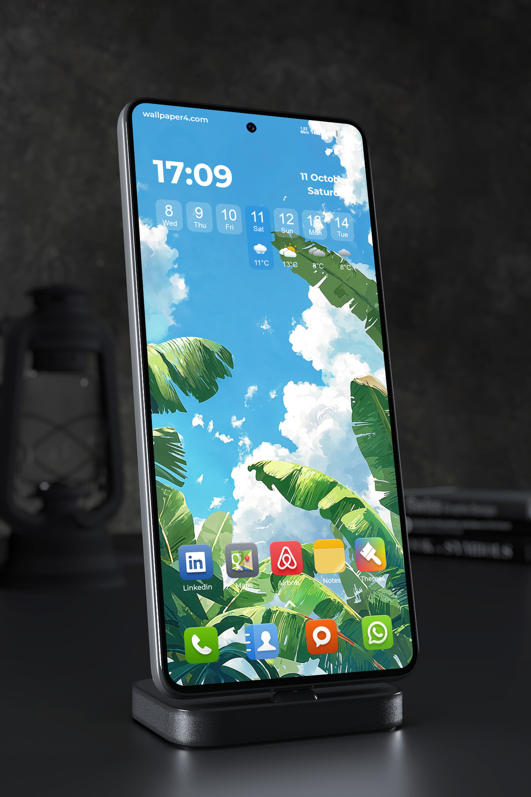 Phone Wallpaper 4079 - Anime Tropical Leaves Under a Clear Blue Sky