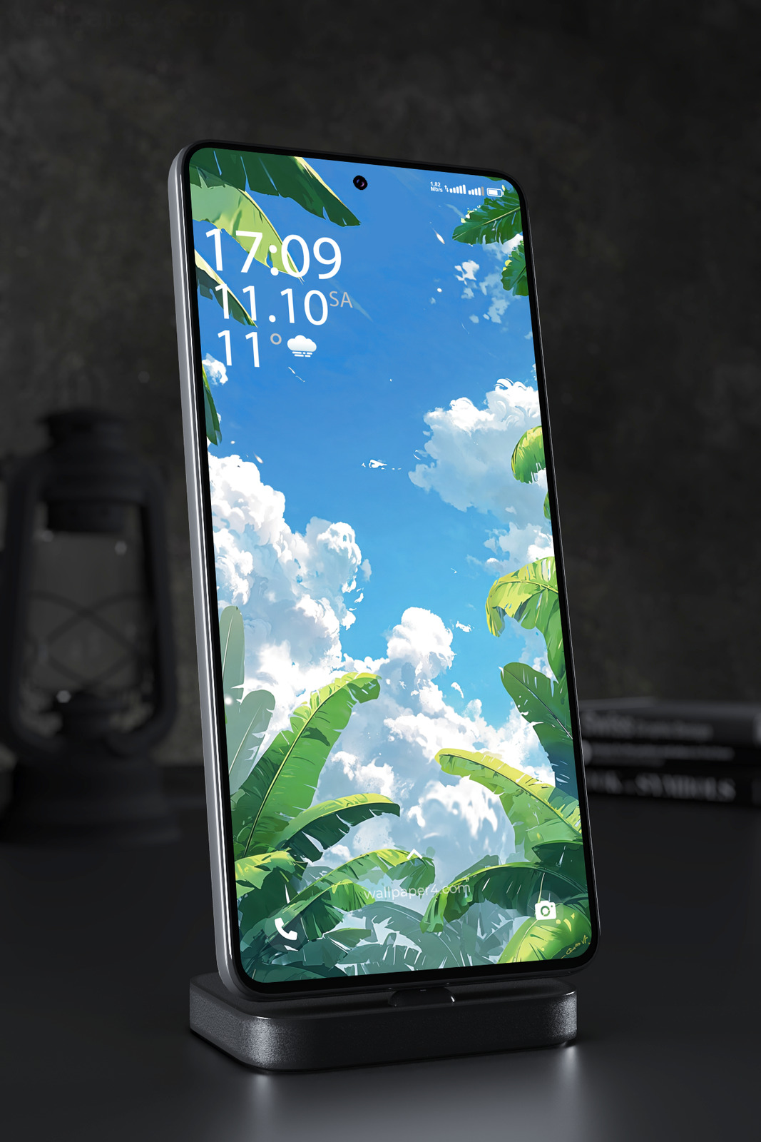 Mobile Wallpaper 4079 - Anime Tropical Leaves Under a Clear Blue Sky