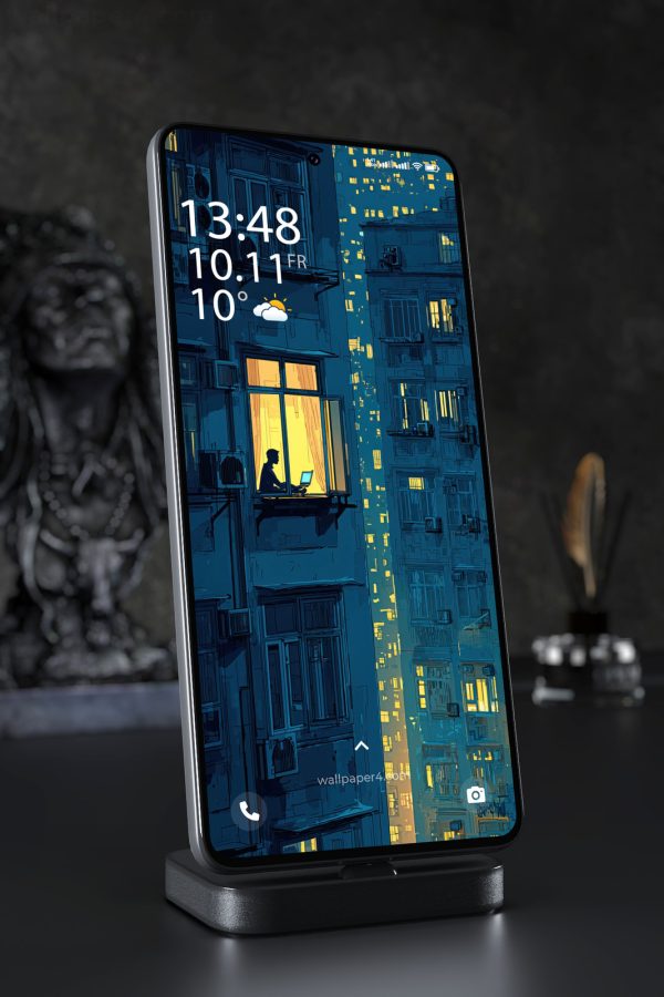 Phone Wallpaper 4082 - Cozy Night City Balcony Laptop Illustration