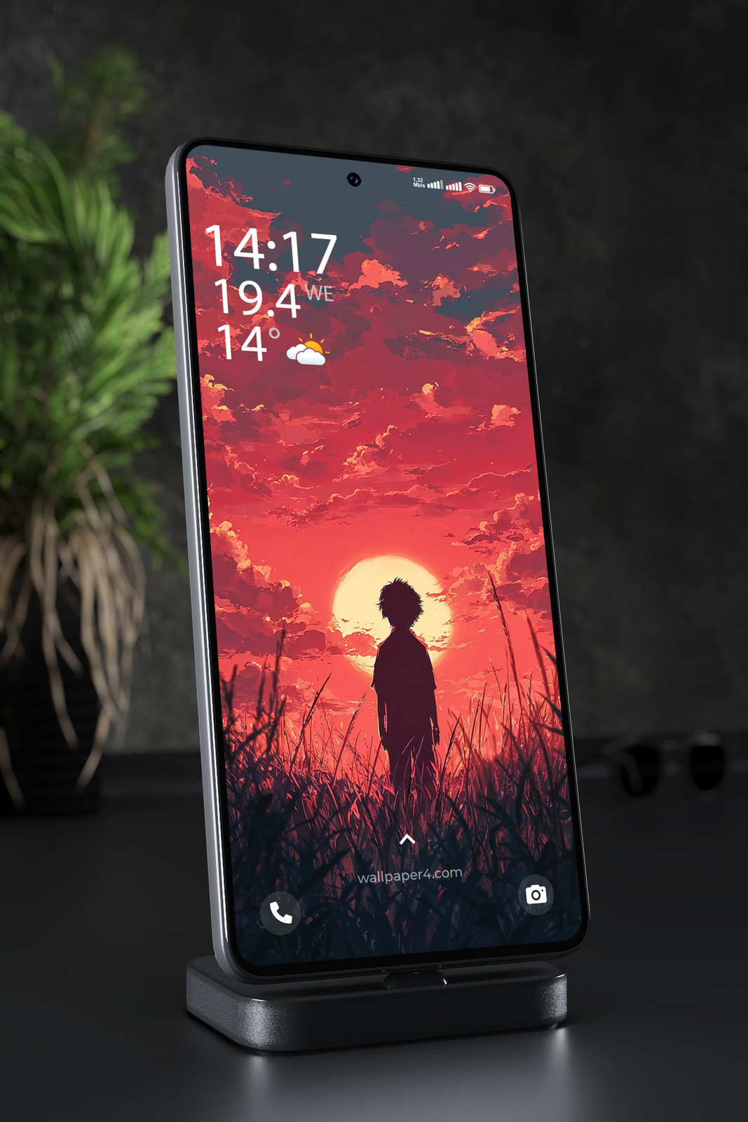 Mobile Wallpaper 4086 - Anime Boy Silhouette Under Crimson Sunset Sky