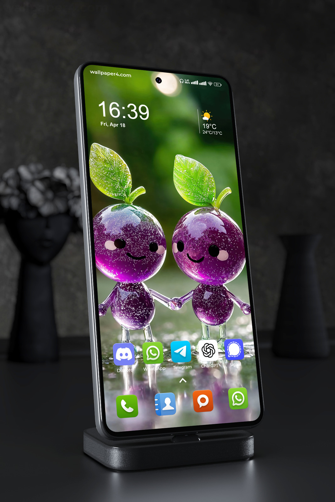 Phone Wallpaper 4093 - Cute Purple Fruit Friends in Rainy Garden Light