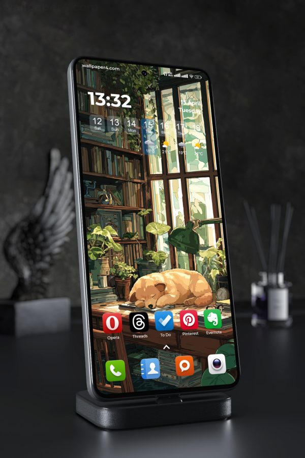 Phone Wallpaper 4096 - Cozy Sunlit Library with Sleeping Puppy Art