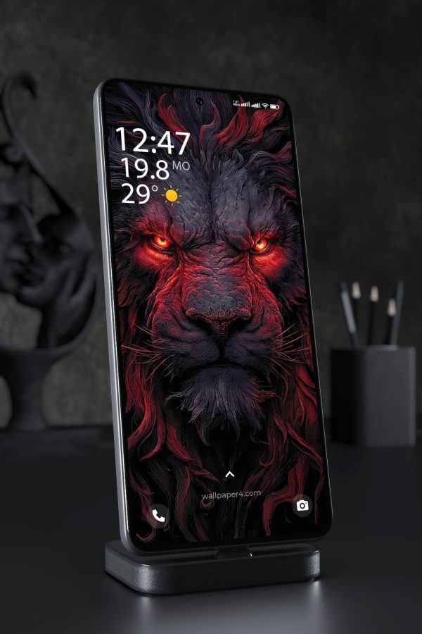 Phone Wallpaper 4106 - Dark Lion with Glowing Red Eyes Fantasy Art
