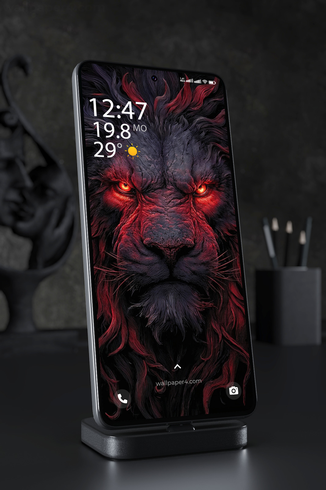 Phone Wallpaper 4106 - Dark Lion with Glowing Red Eyes Fantasy Art
