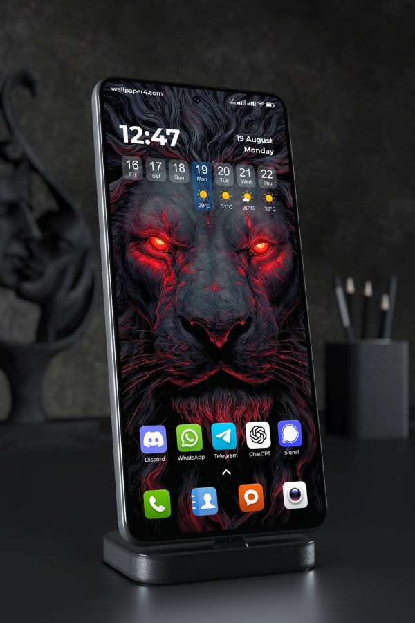 Mobile Wallpaper 4106 - Dark Lion with Glowing Red Eyes Fantasy Art