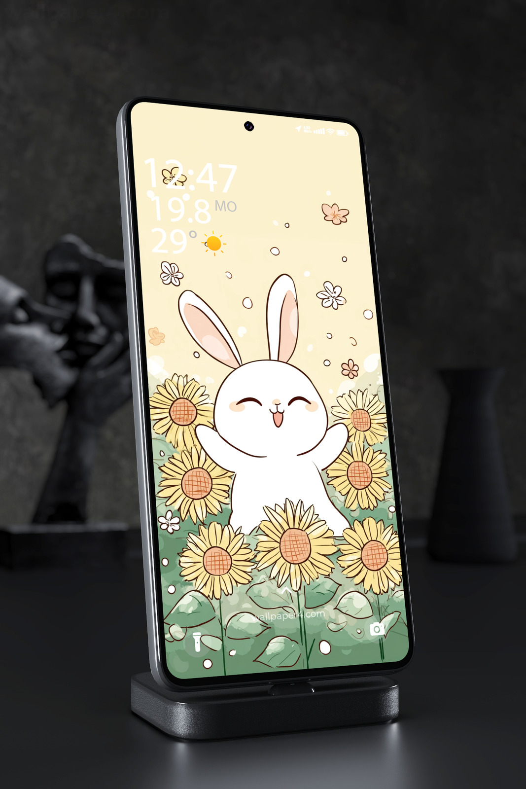 Phone Wallpaper 4129 - Cute Bunny with Sunflowers in Spring Garden