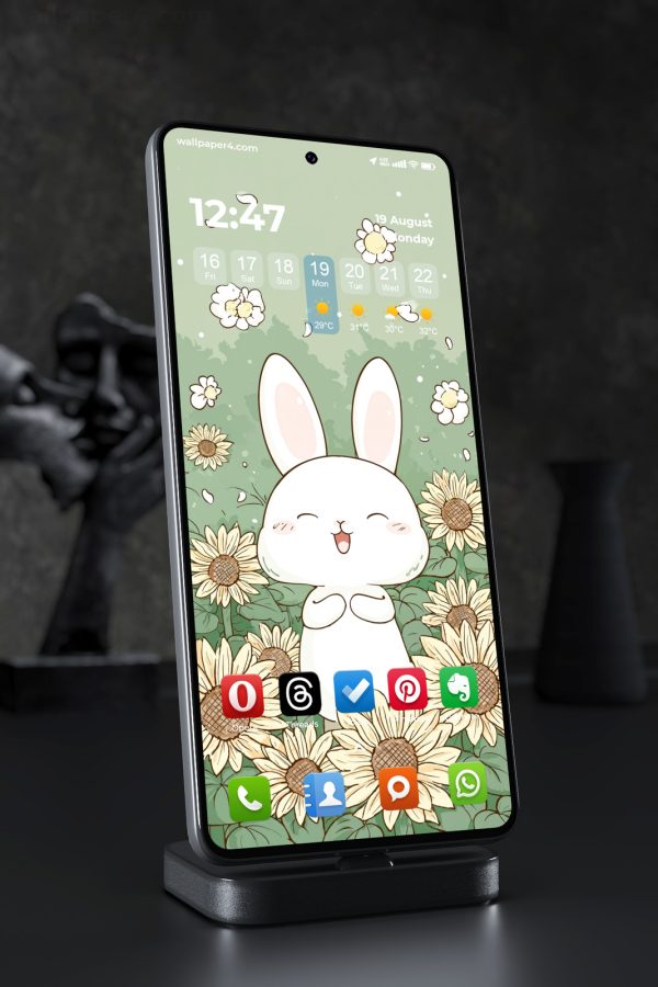 Mobile Wallpaper 4129 - Cute Bunny with Sunflowers in Spring Garden