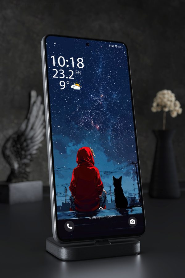 Phone Wallpaper 4136 - Starry Rooftop Night with Cat and Red Hoodie