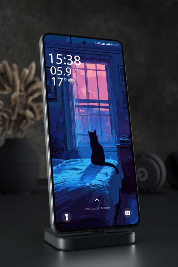 Phone Wallpaper 4139 - Black Cat Watching Pink Sunset Window