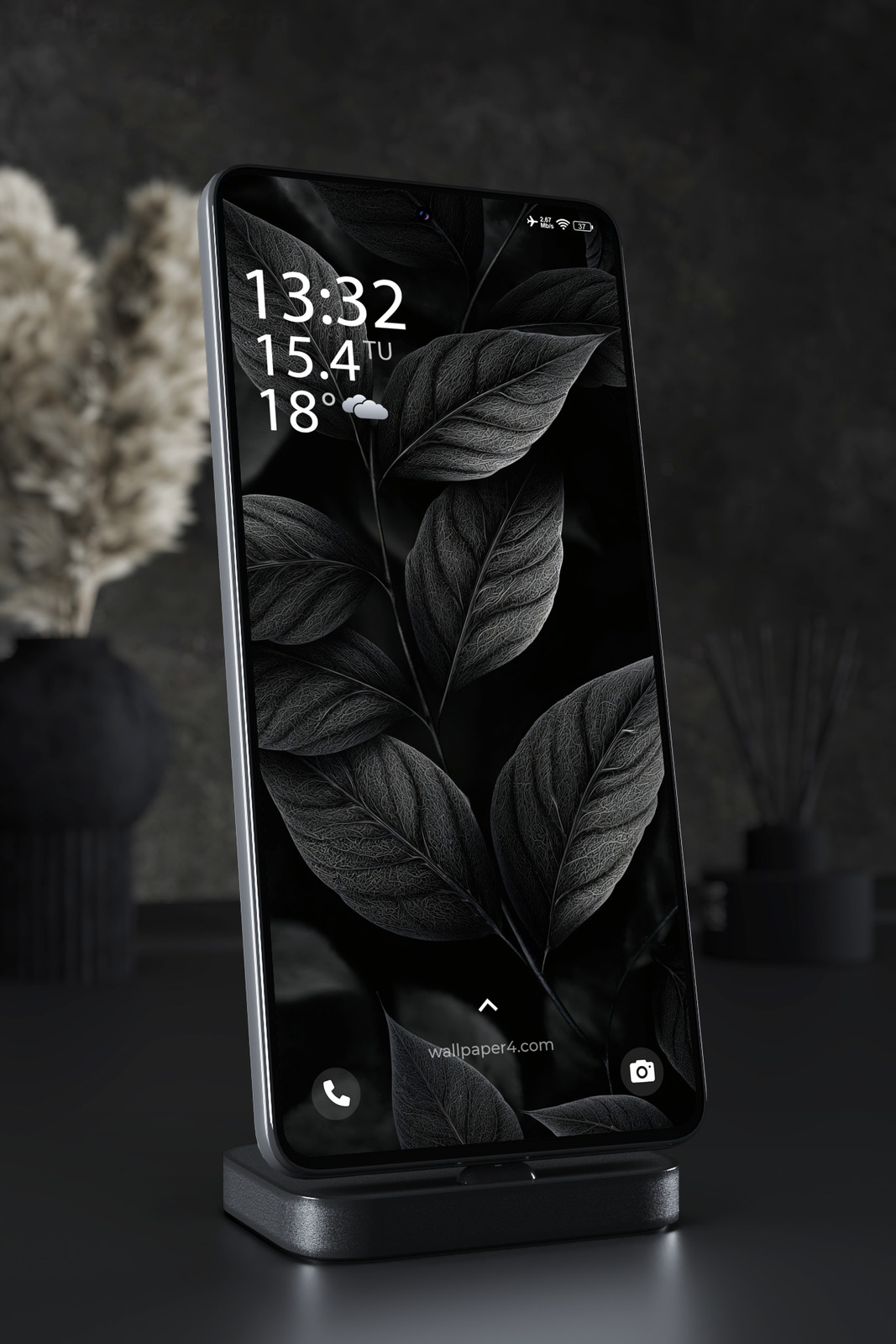 Phone Wallpaper 4142 - Dark Botanical Leaves Monochrome Phone Background