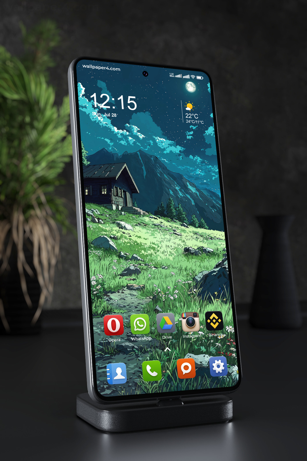 Phone Wallpaper 4167 - Moonlit Alpine Cabin Under Starry Night Sky Art