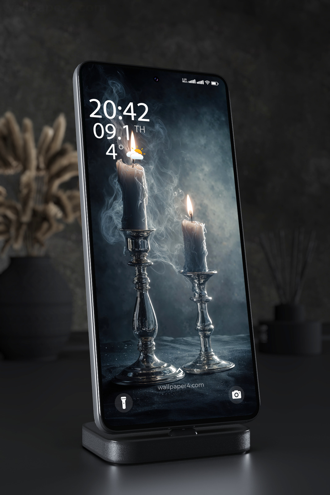 Mobile Wallpaper 4180 - Dark Gothic Candles with Smoke and Silver Glow
